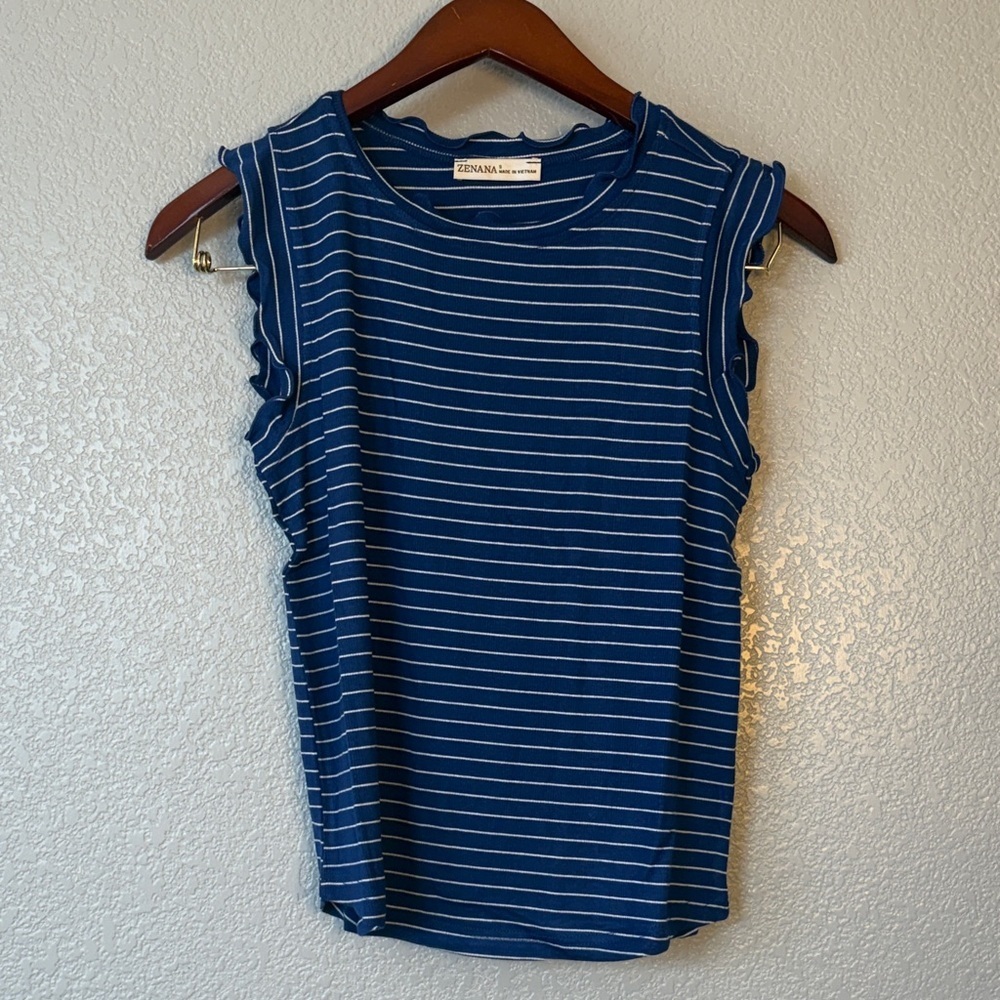 Zenana Navy and White Striped sleeveless Tee